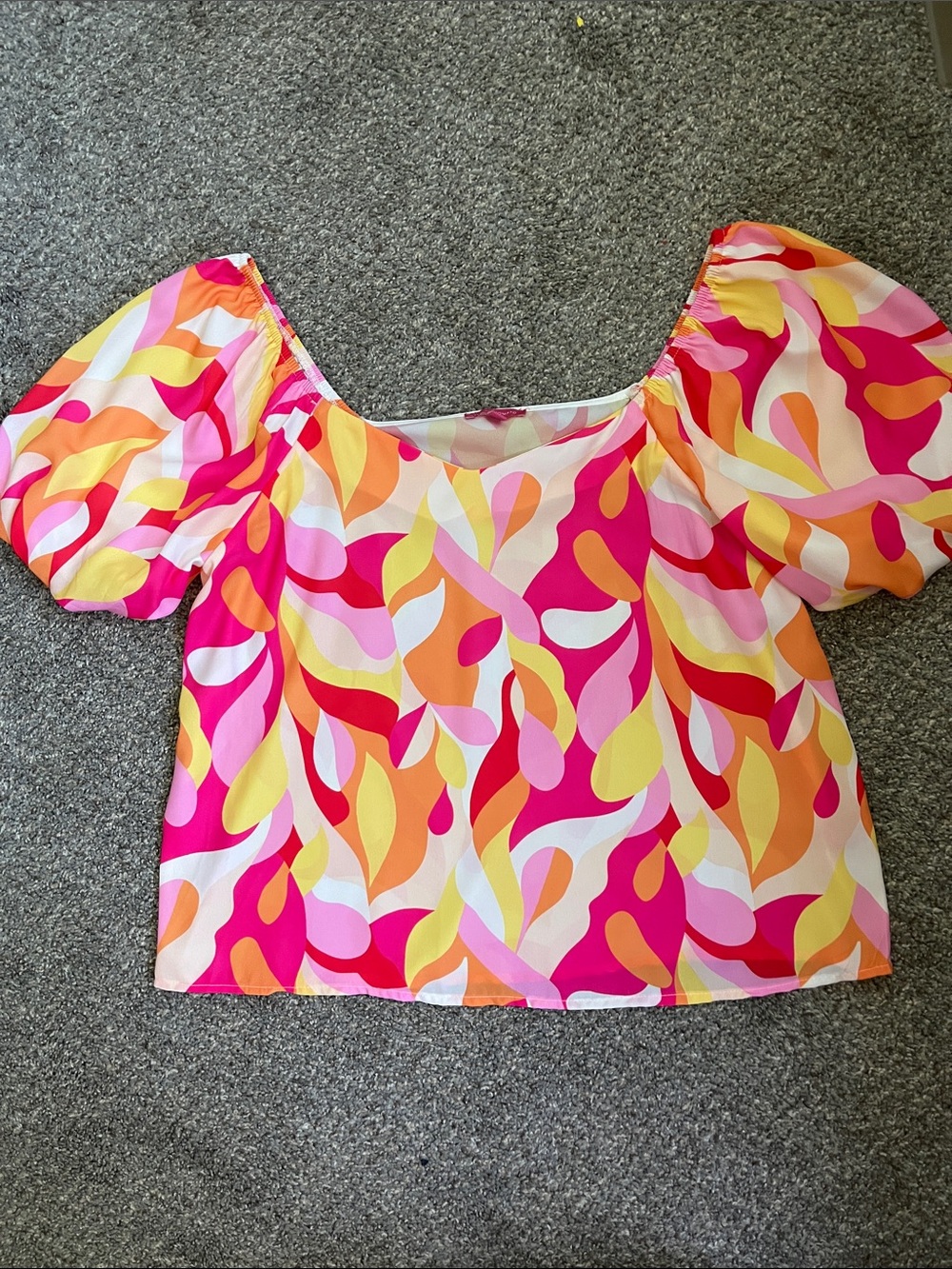 Flying Tomato Tropical Top Pink Orange Yellow Puff Sleeve